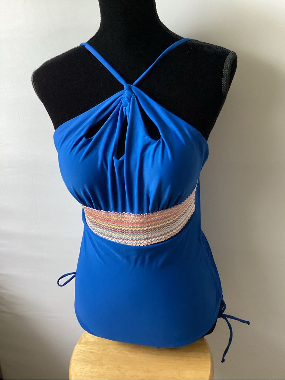 Blue One-Piece Halter Swimsuit with Decorative Waistband